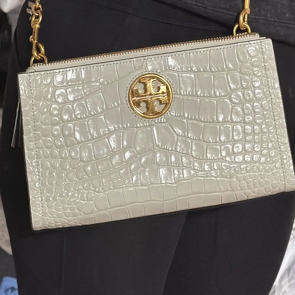 Tory Burch White Croc-Embossed Leather Crossbody with Gold Logo